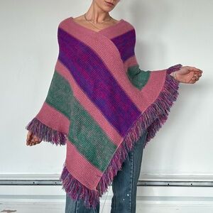 Striped Fringe Poncho Sweater - Pink & Green
